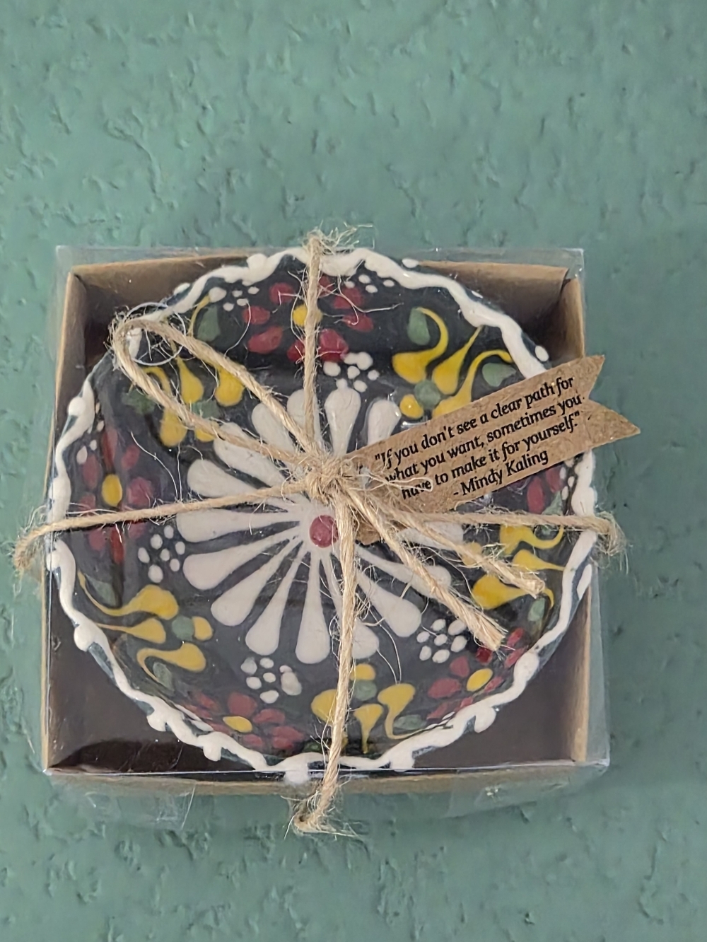 Handmade floral ceramic trinket dish small dark green folk art bowl